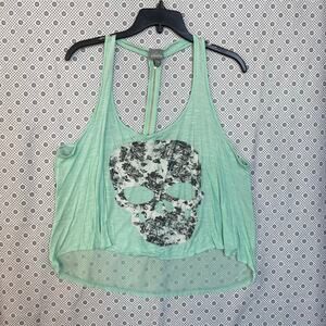 Y2K Crop Lace Mall Brand Vanity Mint Green Skull Graphic Tank Top Size M